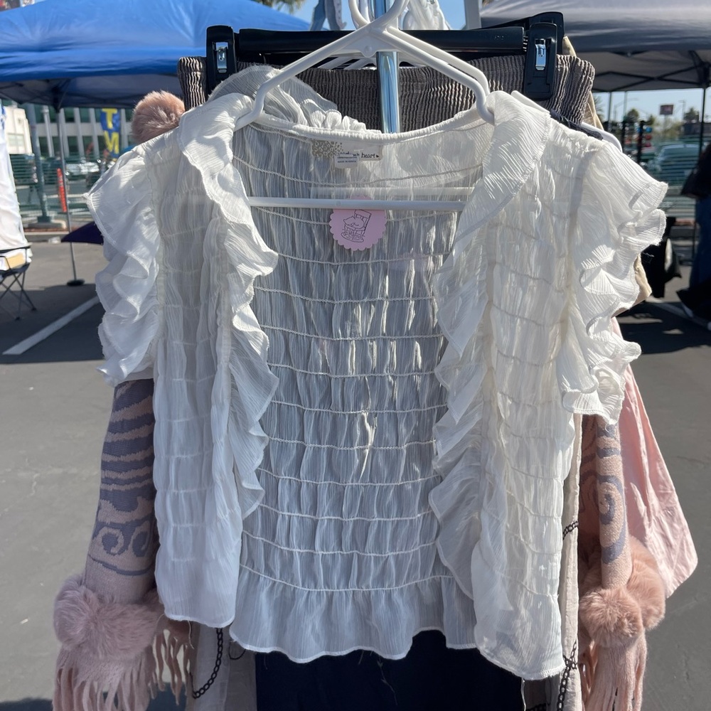 Derek Heart White Flutter Sleeve Smocked Blouse